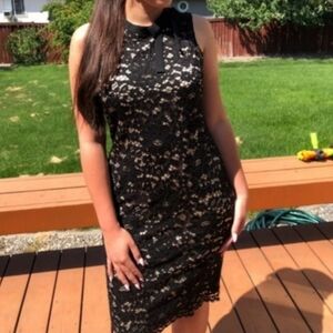 Vince Camuto Black Lace Dress Nude Lining Collar Bow Women's Size 14 Sleeveless